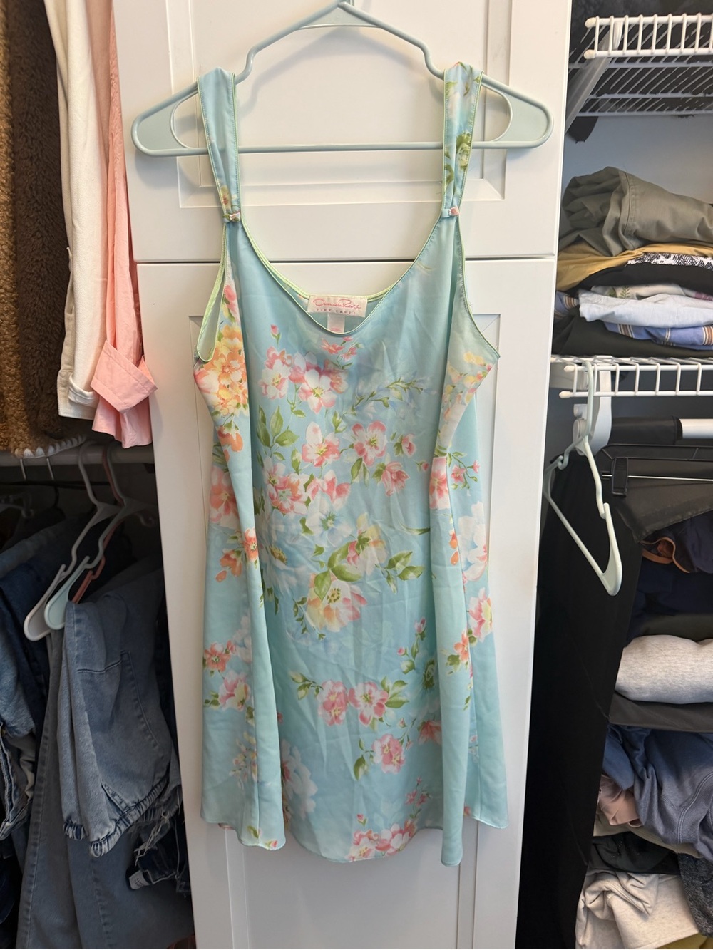 Vintage Oscar de la Renta slip dress,blue/pink floral,bow/pearl, Large